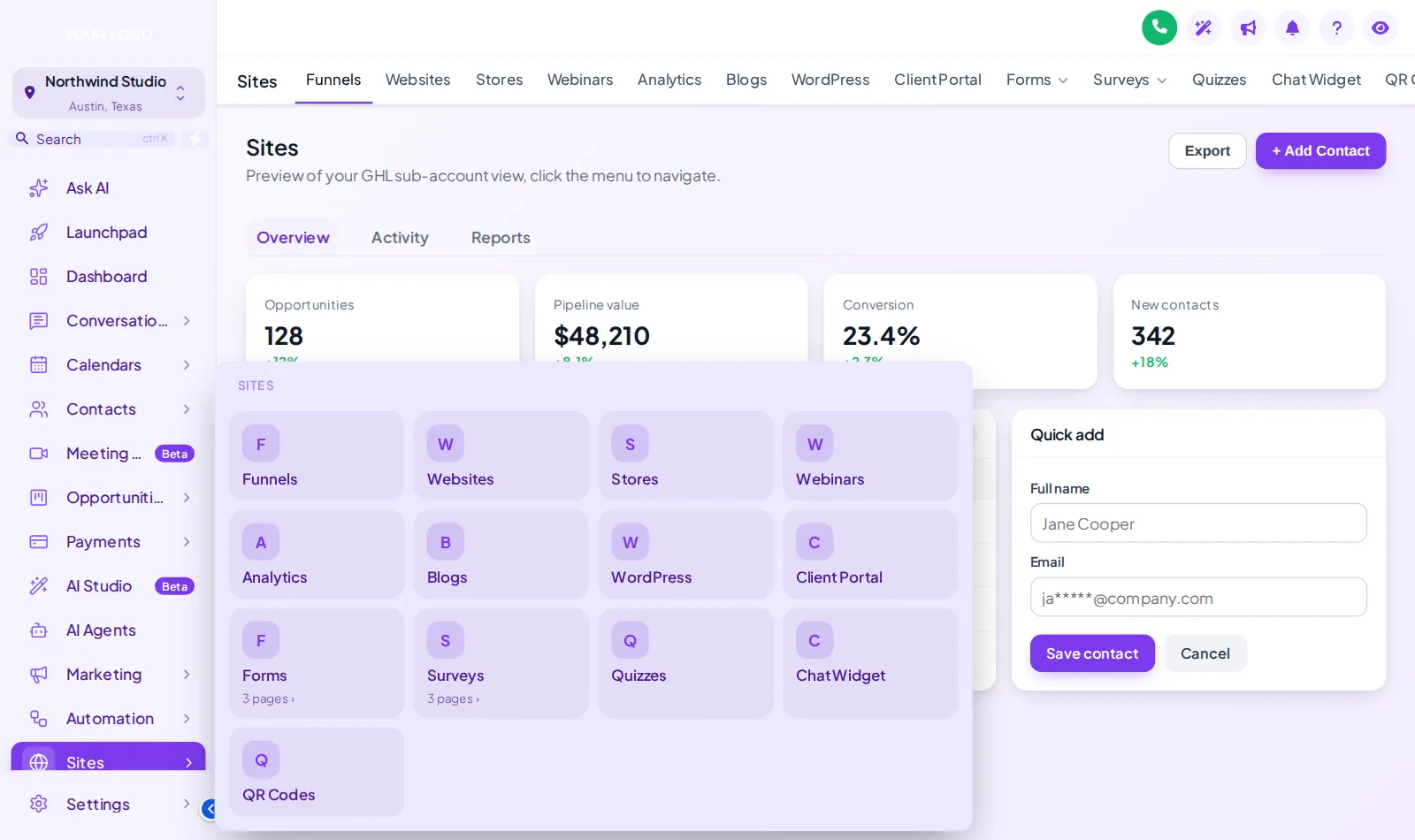 GoHighLevel sidebar in the Lavender Dream theme with the Sites section opened as a tiled mega menu