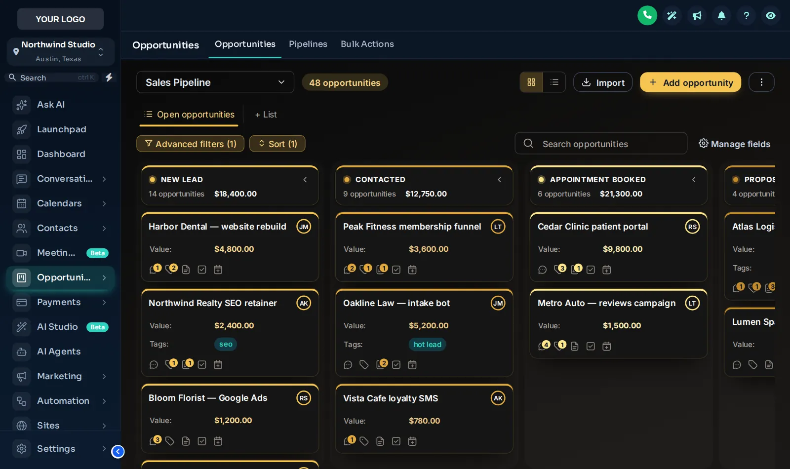 GoHighLevel opportunities board with the Obsidian Gold design: black columns, gold stage headers and dark deal cards