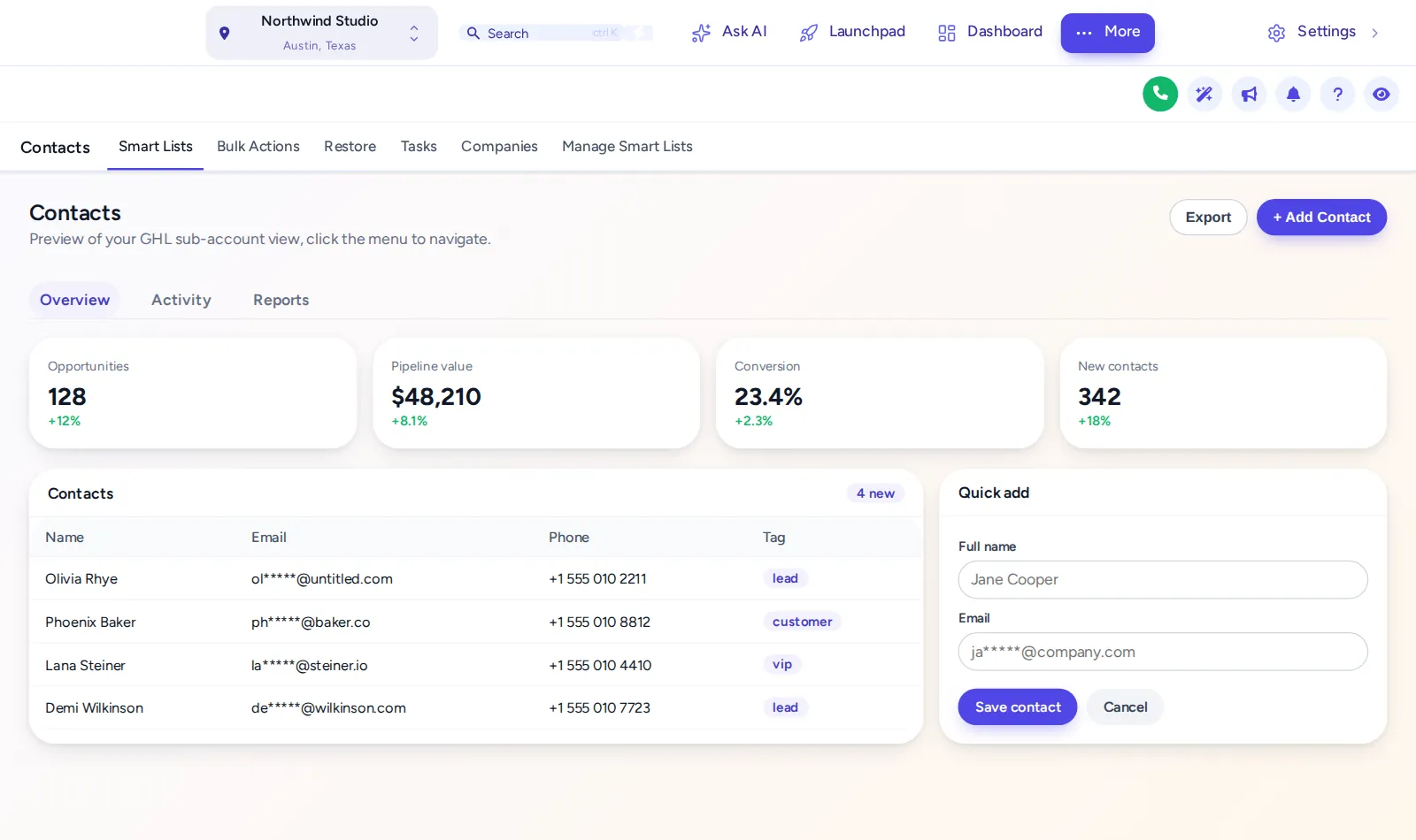 GoHighLevel contacts page with the Pastel Mesh theme: the menu moved to a light top bar with indigo accents