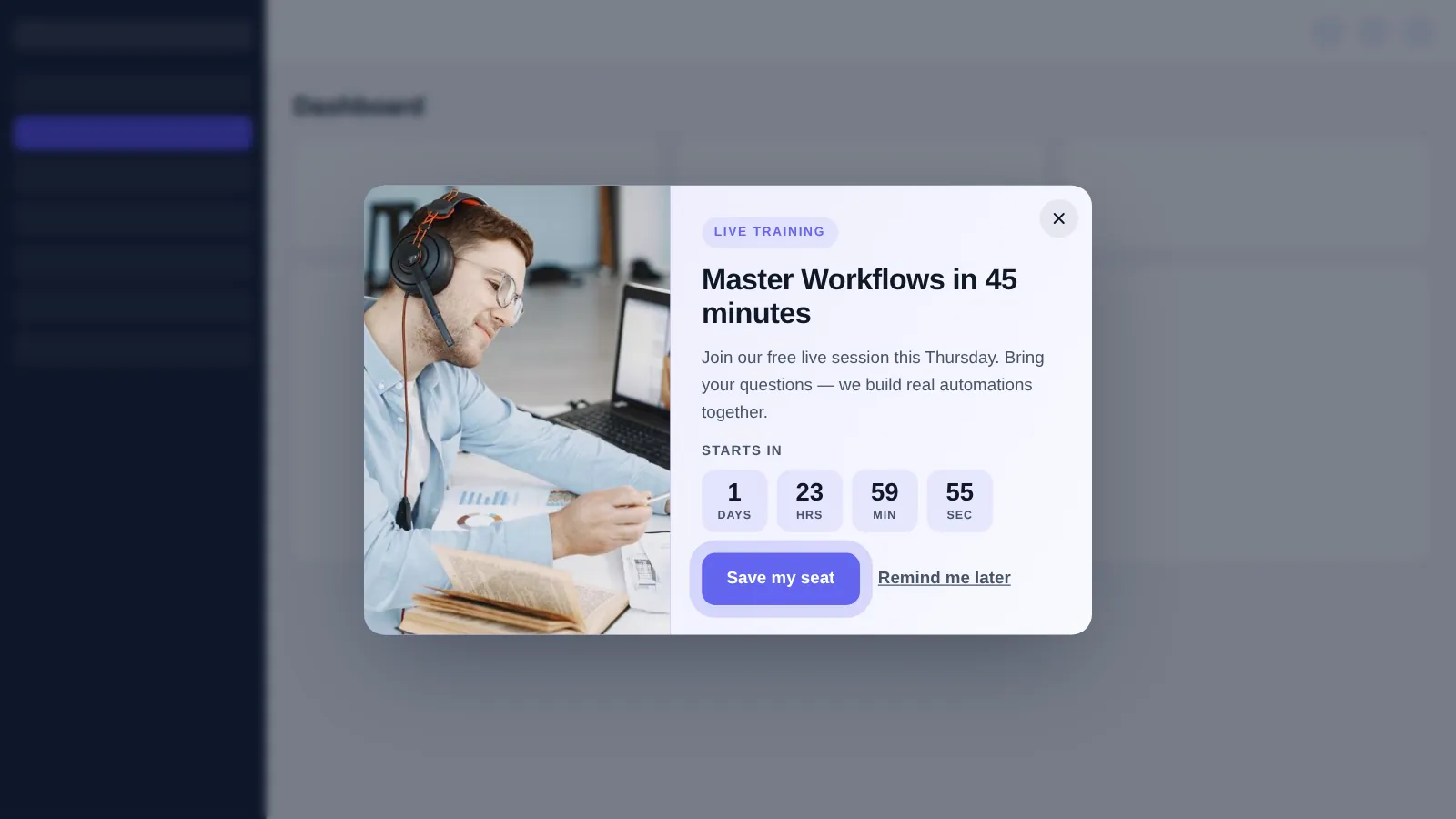 Live training webinar popup shown inside GoHighLevel with a headline, date and register button